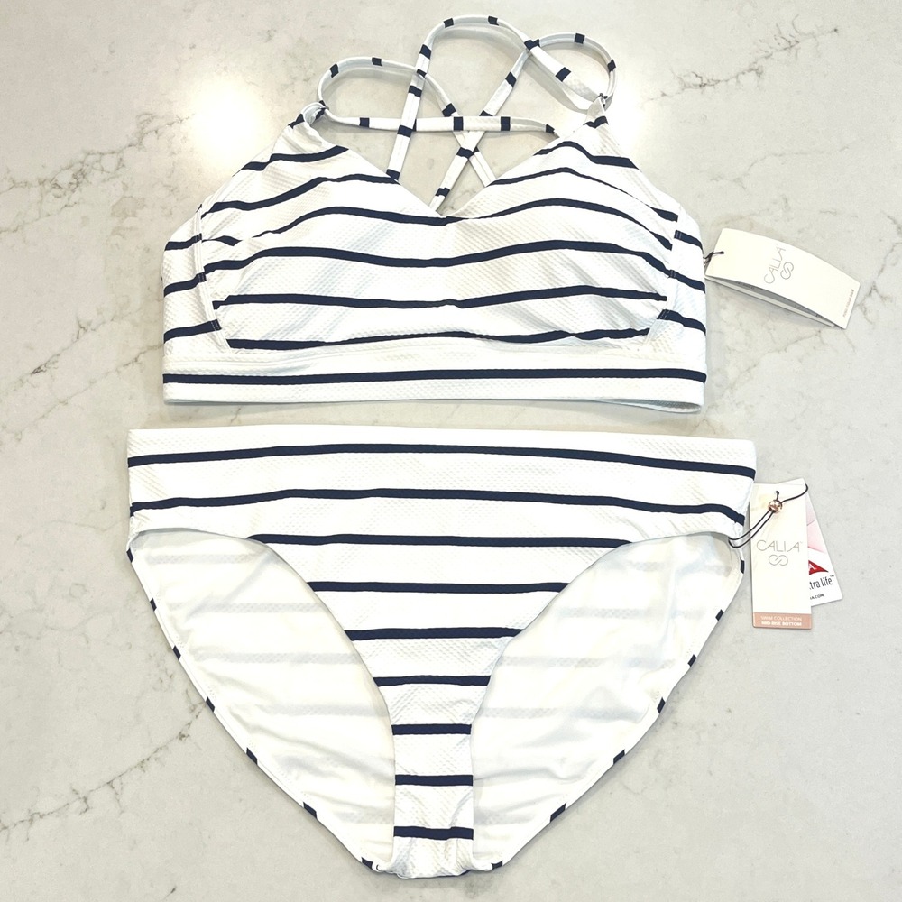 CALIA Strappy Bikini Set Womens XXL White Blue Striped Textured Nautical Preppy